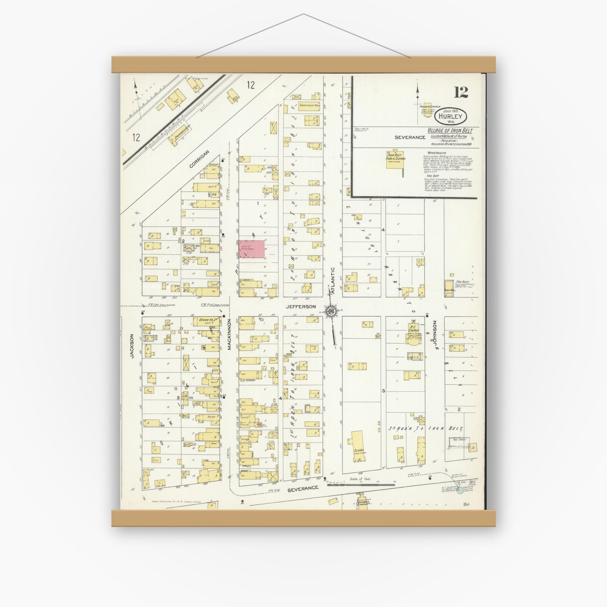 Old map wall art mockup — magnetic wood frame on white wall — Sanborn Fire Insurance Map from Hurley, Iron County, Wisconsin (1913), Sheet #0012