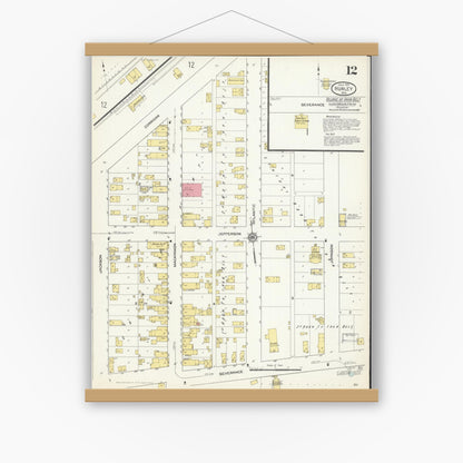 Old map wall art mockup — magnetic wood frame on white wall — Sanborn Fire Insurance Map from Hurley, Iron County, Wisconsin (1913), Sheet #0012
