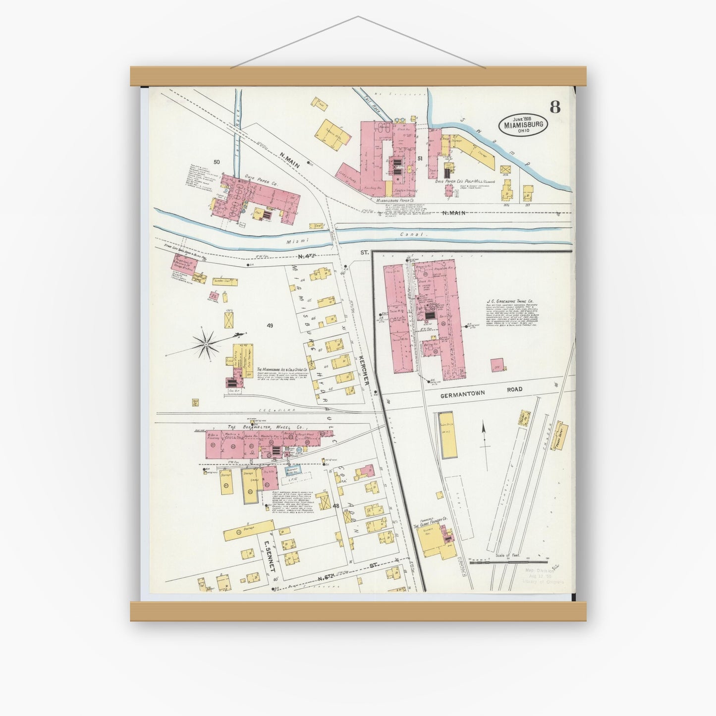 Old map wall art mockup — magnetic wood frame on white wall — Sanborn Fire Insurance Map from Miamisburg, Montgomery County, Ohio (1905), Sheet #0008
