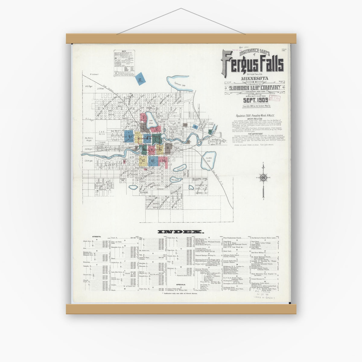 Old map wall art mockup — magnetic wood frame on white wall — Sanborn Fire Insurance Map from Fergus Falls, Otter Tail County, Minnesota (1909) - Complete Map Set