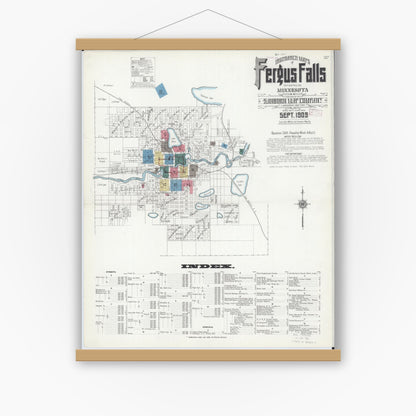 Old map wall art mockup — magnetic wood frame on white wall — Sanborn Fire Insurance Map from Fergus Falls, Otter Tail County, Minnesota (1909) - Complete Map Set