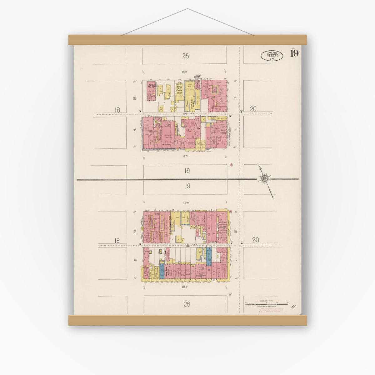 Old map wall art mockup — magnetic wood frame on white wall — Sanborn Fire Insurance Map from Merced, Merced County, California (1922), Sheet #0019