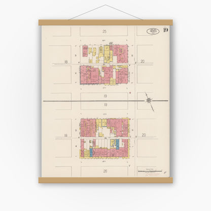 Old map wall art mockup — magnetic wood frame on white wall — Sanborn Fire Insurance Map from Merced, Merced County, California (1922), Sheet #0019