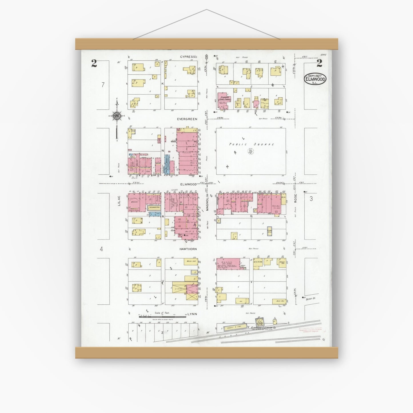 Old map wall art mockup — magnetic wood frame on white wall — Sanborn Fire Insurance Map from Elmwood, Peoria County, Illinois (1927), Sheet #0002