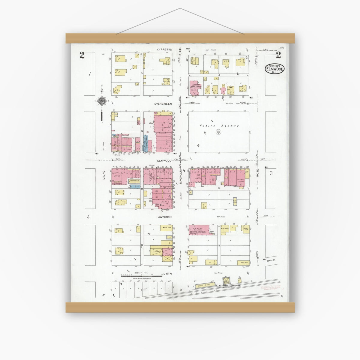 Old map wall art mockup — magnetic wood frame on white wall — Sanborn Fire Insurance Map from Elmwood, Peoria County, Illinois (1927), Sheet #0002