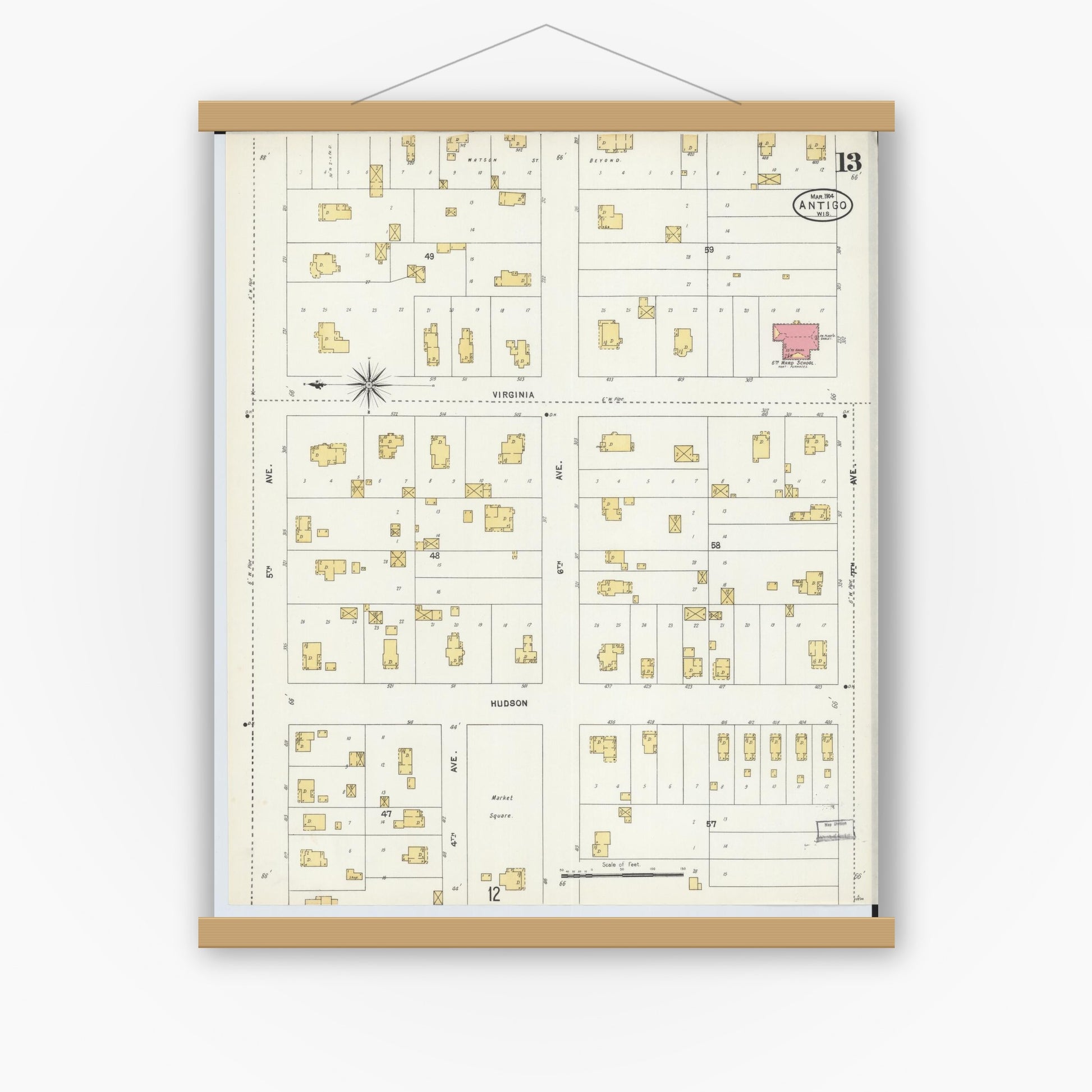 Old map wall art mockup — magnetic wood frame on white wall — Sanborn Fire Insurance Map from Antigo, Langlade County, Wisconsin (1904), Sheet #0013