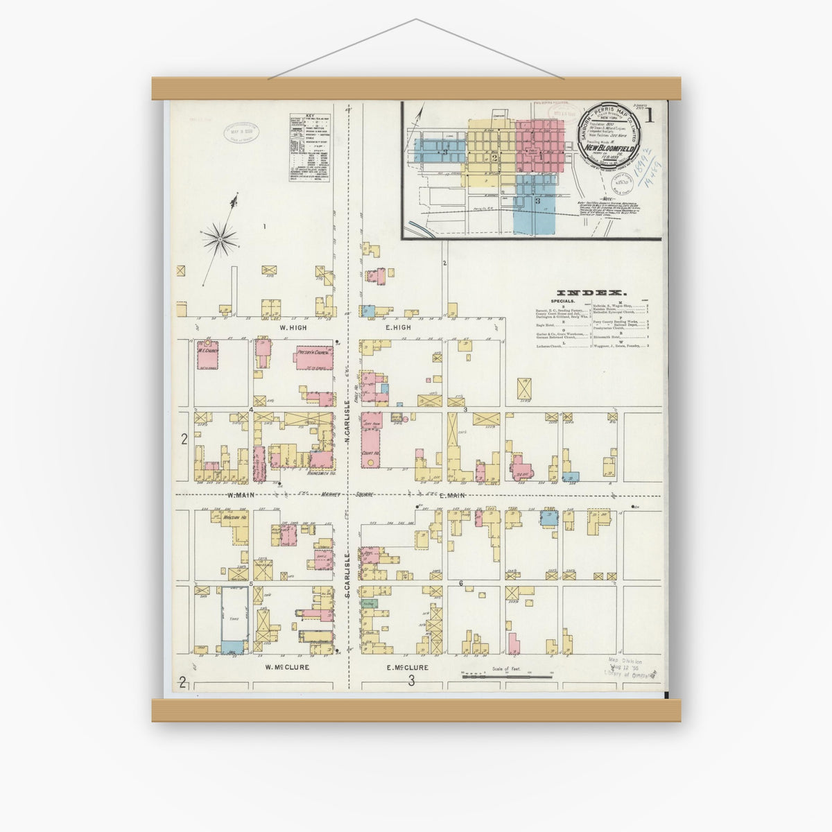 Old map wall art mockup — magnetic wood frame on white wall — Sanborn Fire Insurance Map from New Bloomfield, Perry County, Pennsylvania (1899), Sheet #0001