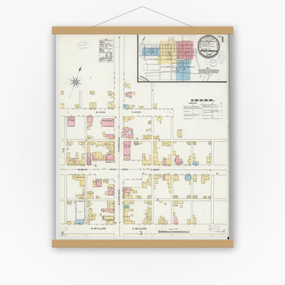 Old map wall art mockup — magnetic wood frame on white wall — Sanborn Fire Insurance Map from New Bloomfield, Perry County, Pennsylvania (1899), Sheet #0001
