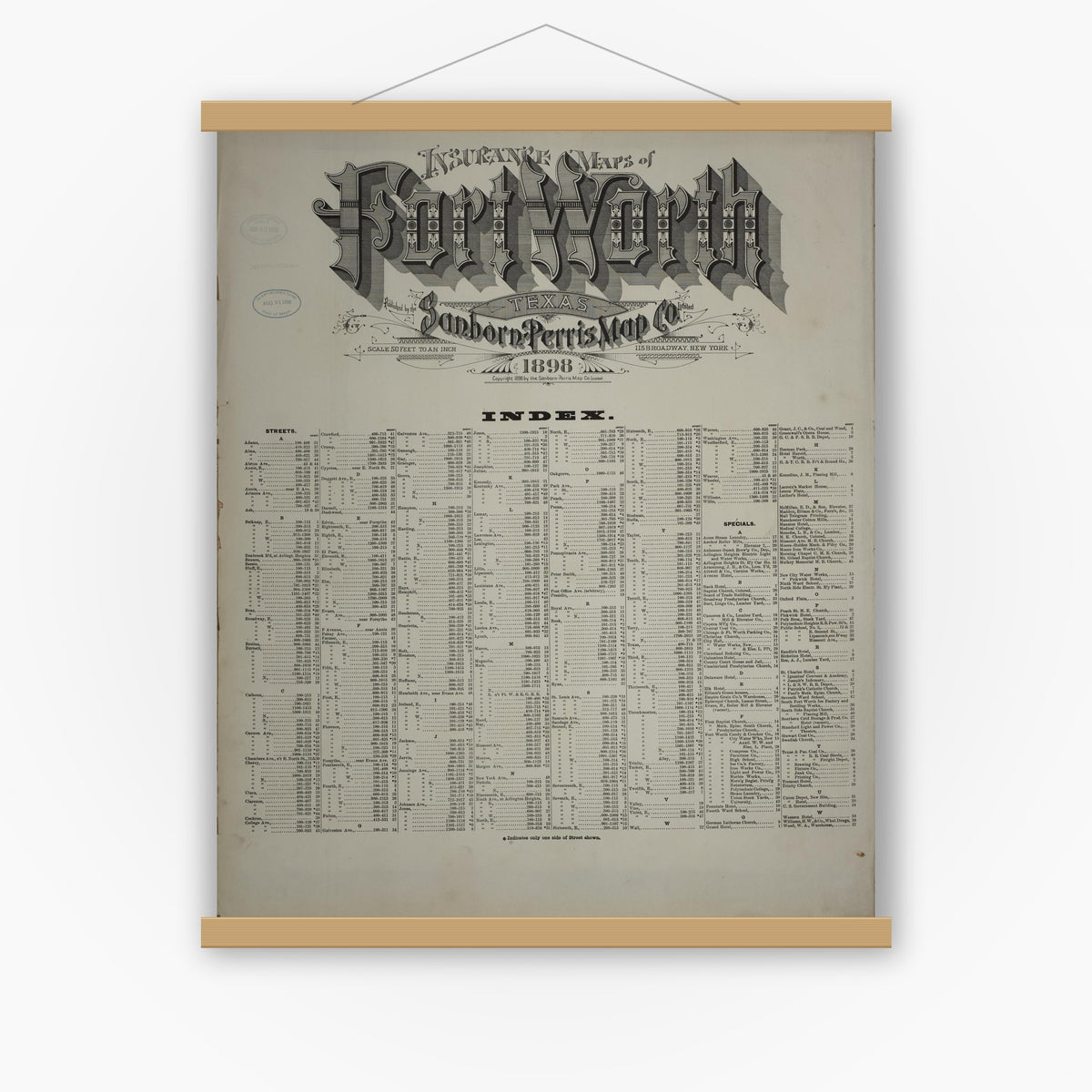 Old map wall art mockup — magnetic wood frame on white wall — Sanborn Fire Insurance Map from Fort Worth, Tarrant County, Texas (1898), Sheet #0001