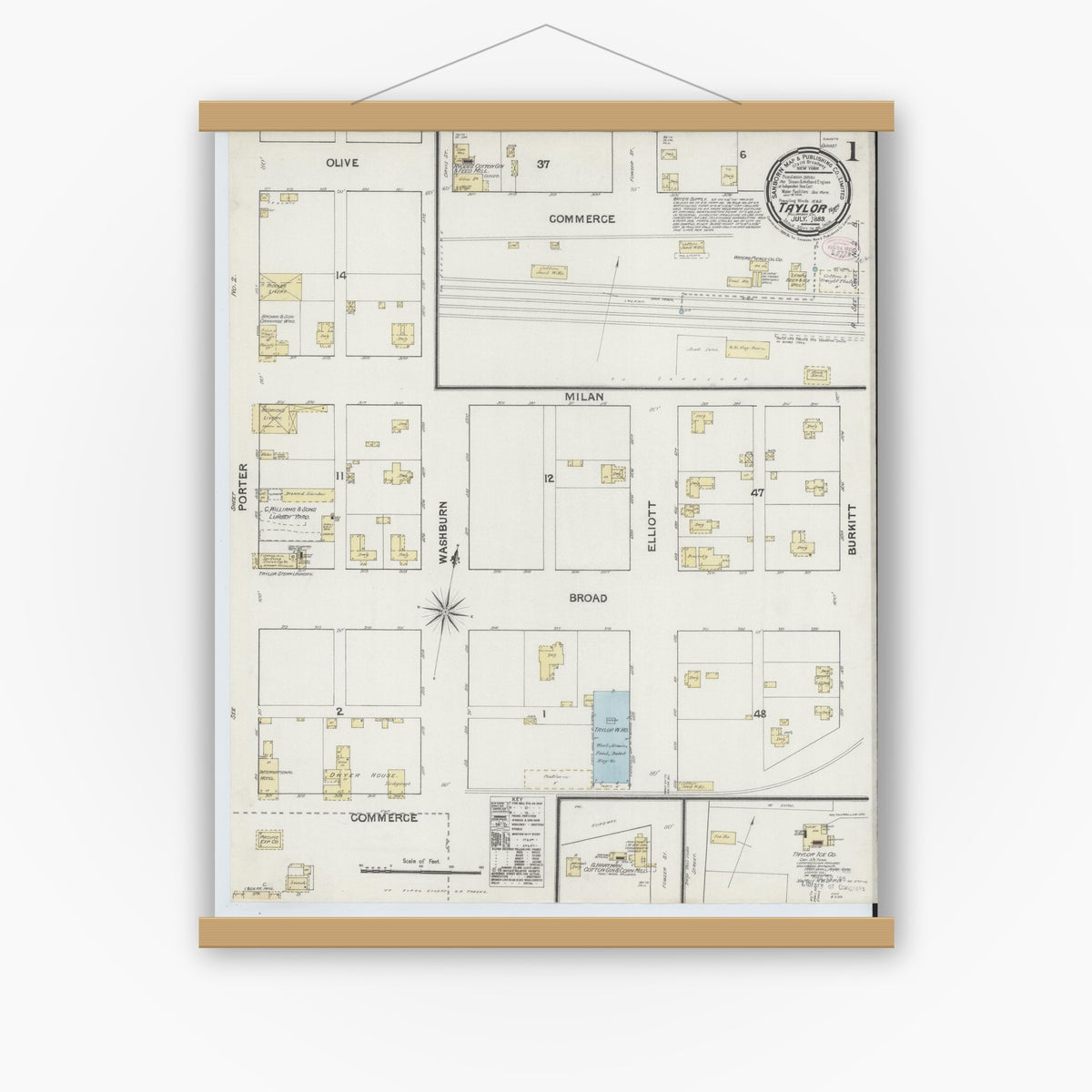 Old map wall art mockup — magnetic wood frame on white wall — Sanborn Fire Insurance Map from Taylor, Williamson County, Texas (1889), Sheet #0001