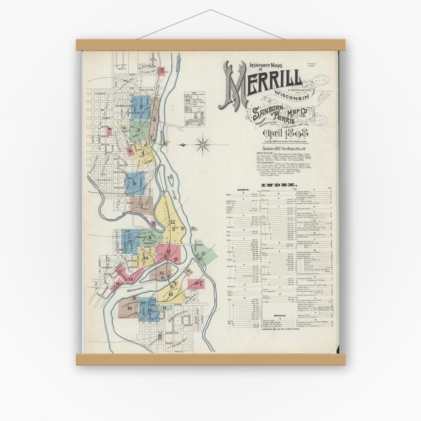 Old map wall art mockup — magnetic wood frame on white wall — Sanborn Fire Insurance Map from Merrill, Lincoln County, Wisconsin (1898), Sheet #0001