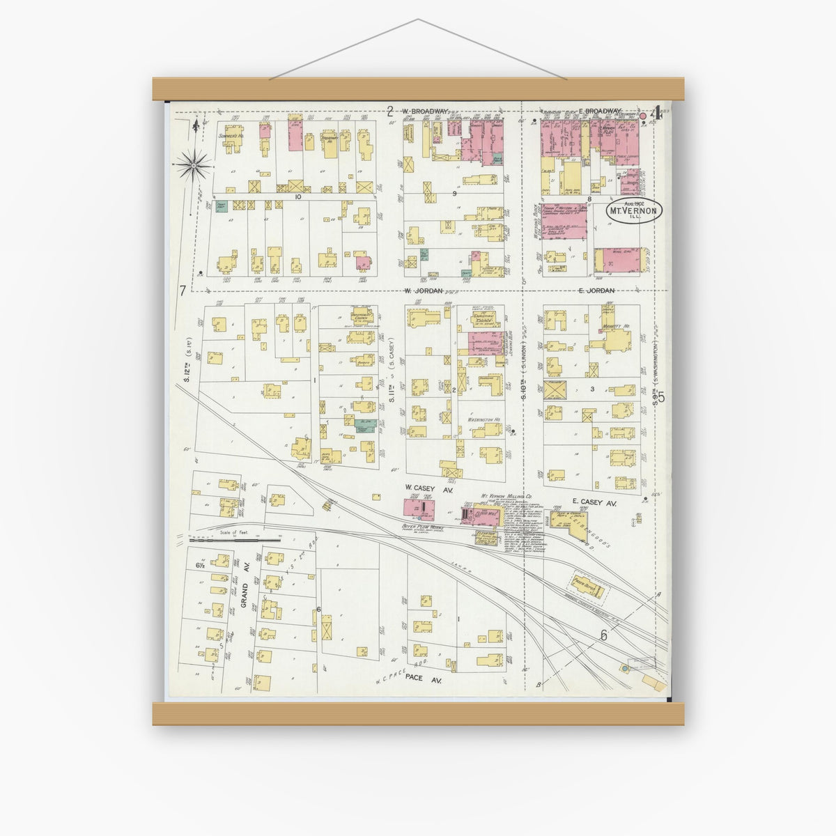 Old map wall art mockup — magnetic wood frame on white wall — Sanborn Fire Insurance Map from Mount Vernon, Jefferson County, Illinois (1902), Sheet #0004