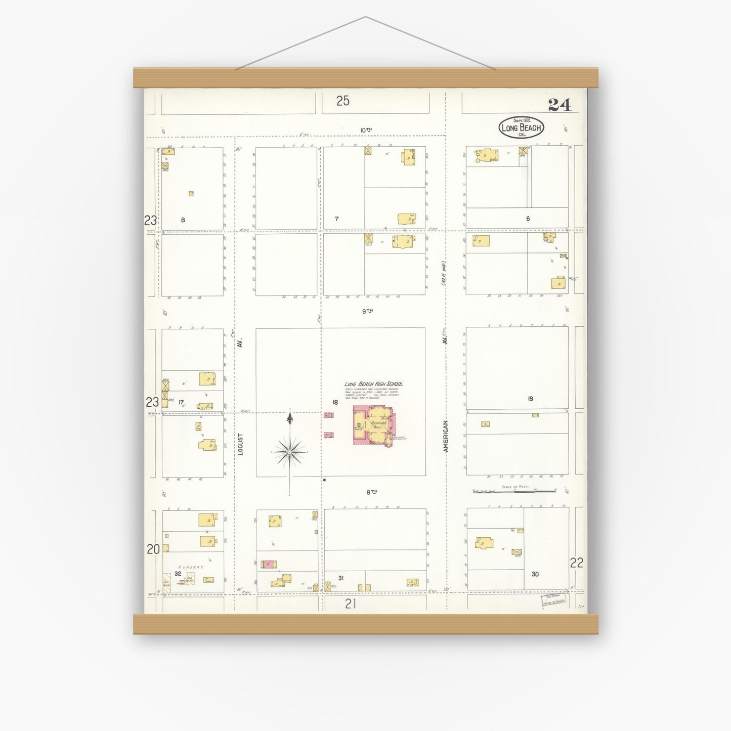 Old map wall art mockup — magnetic wood frame on white wall — Sanborn Fire Insurance Map from Long Beach, Los Angeles County, California (1902), Sheet #0024