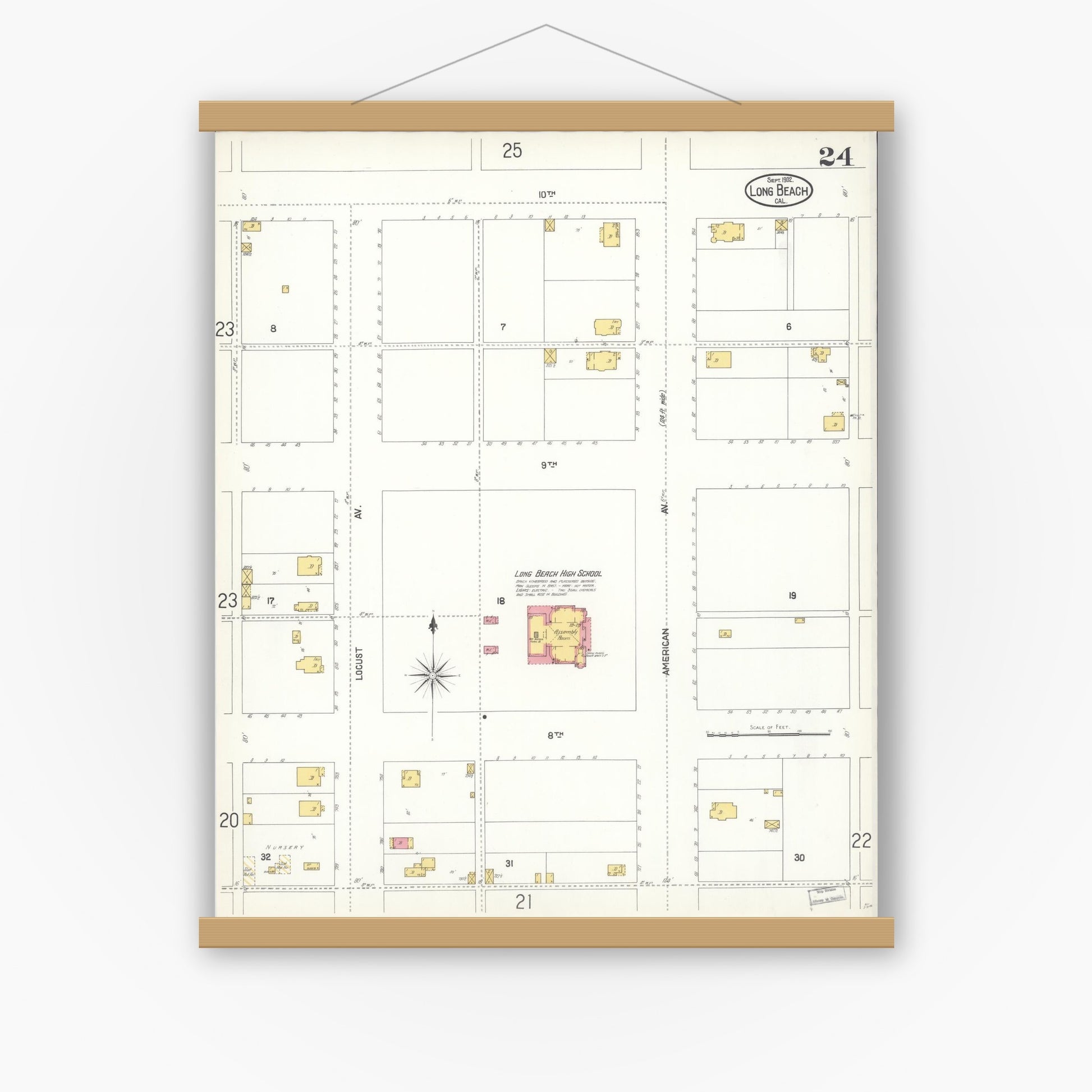 Old map wall art mockup — magnetic wood frame on white wall — Sanborn Fire Insurance Map from Long Beach, Los Angeles County, California (1902), Sheet #0024