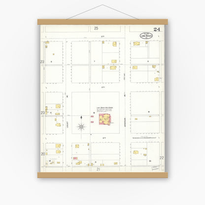 Old map wall art mockup — magnetic wood frame on white wall — Sanborn Fire Insurance Map from Long Beach, Los Angeles County, California (1902), Sheet #0024
