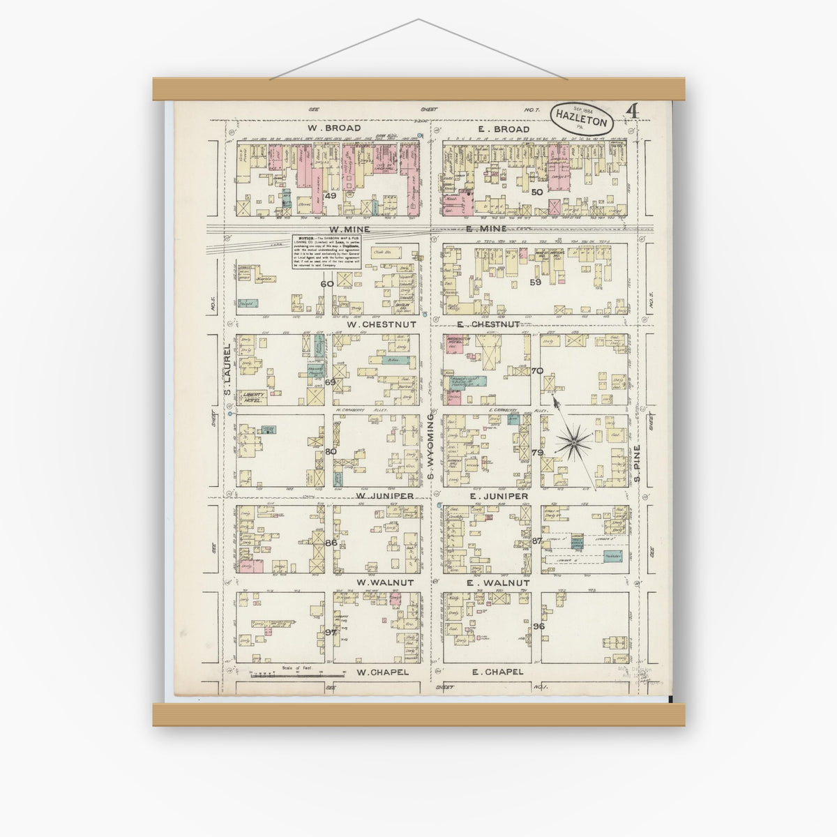 Old map wall art mockup — magnetic wood frame on white wall — Sanborn Fire Insurance Map from Hazleton, Luzerne County, Pennsylvania (1884), Sheet #0004