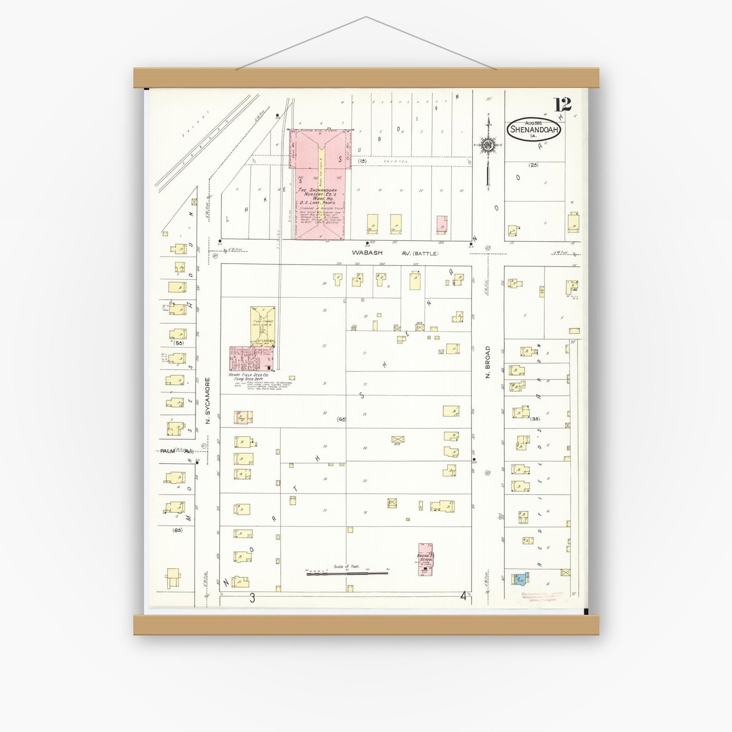 Old map wall art mockup — magnetic wood frame on white wall — Sanborn Fire Insurance Map from Shenandoah, Page County, Iowa (1914), Sheet #0012
