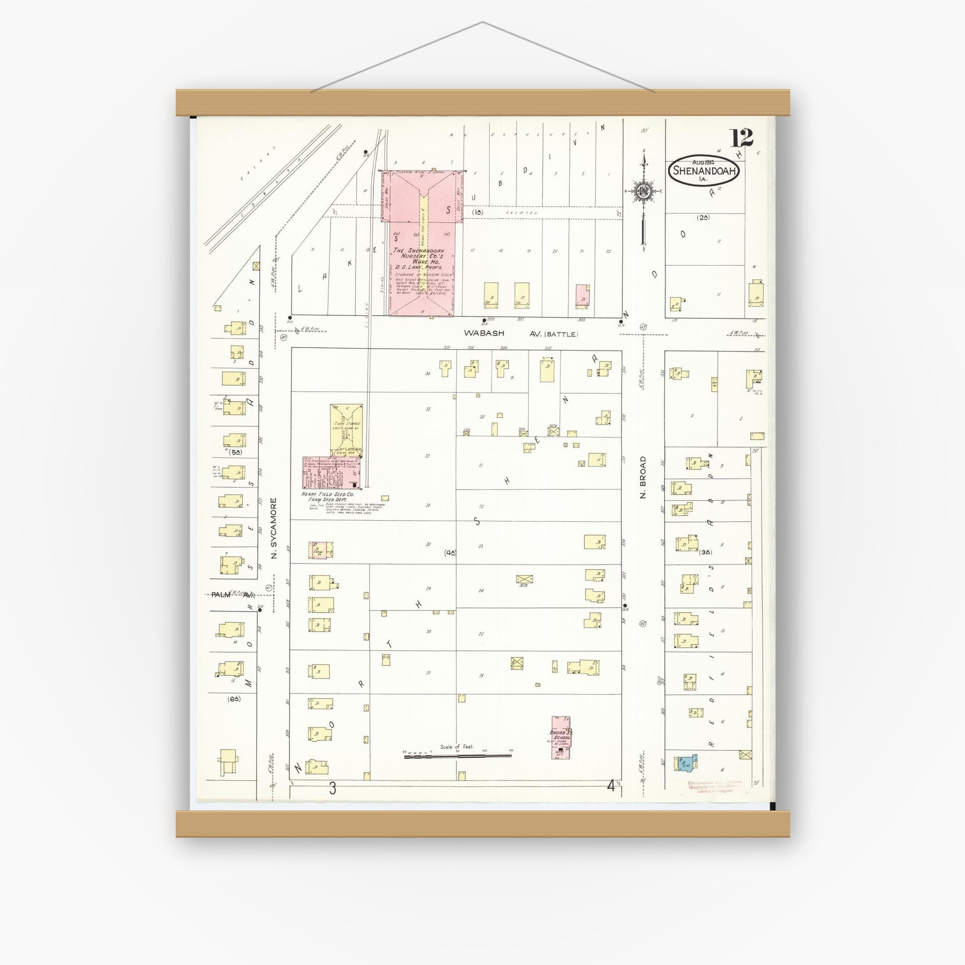 Old map wall art mockup — magnetic wood frame on white wall — Sanborn Fire Insurance Map from Shenandoah, Page County, Iowa (1914), Sheet #0012