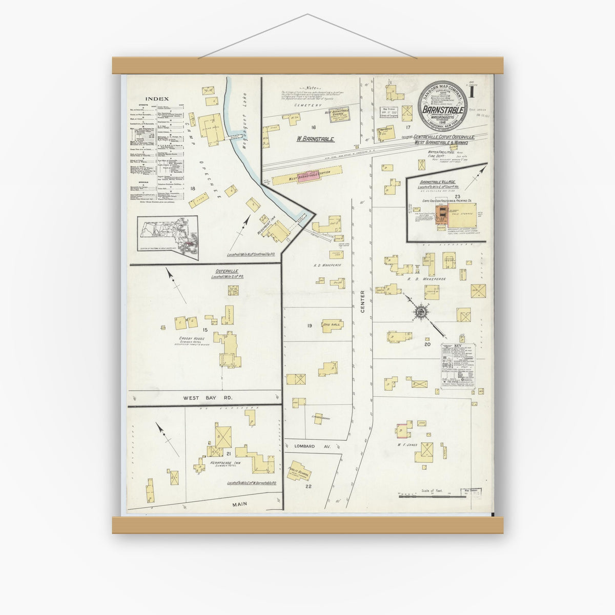Old map wall art mockup — magnetic wood frame on white wall — Sanborn Fire Insurance Map from Barnstable, Barnstable County, Massachusetts (1916), Sheet #0001