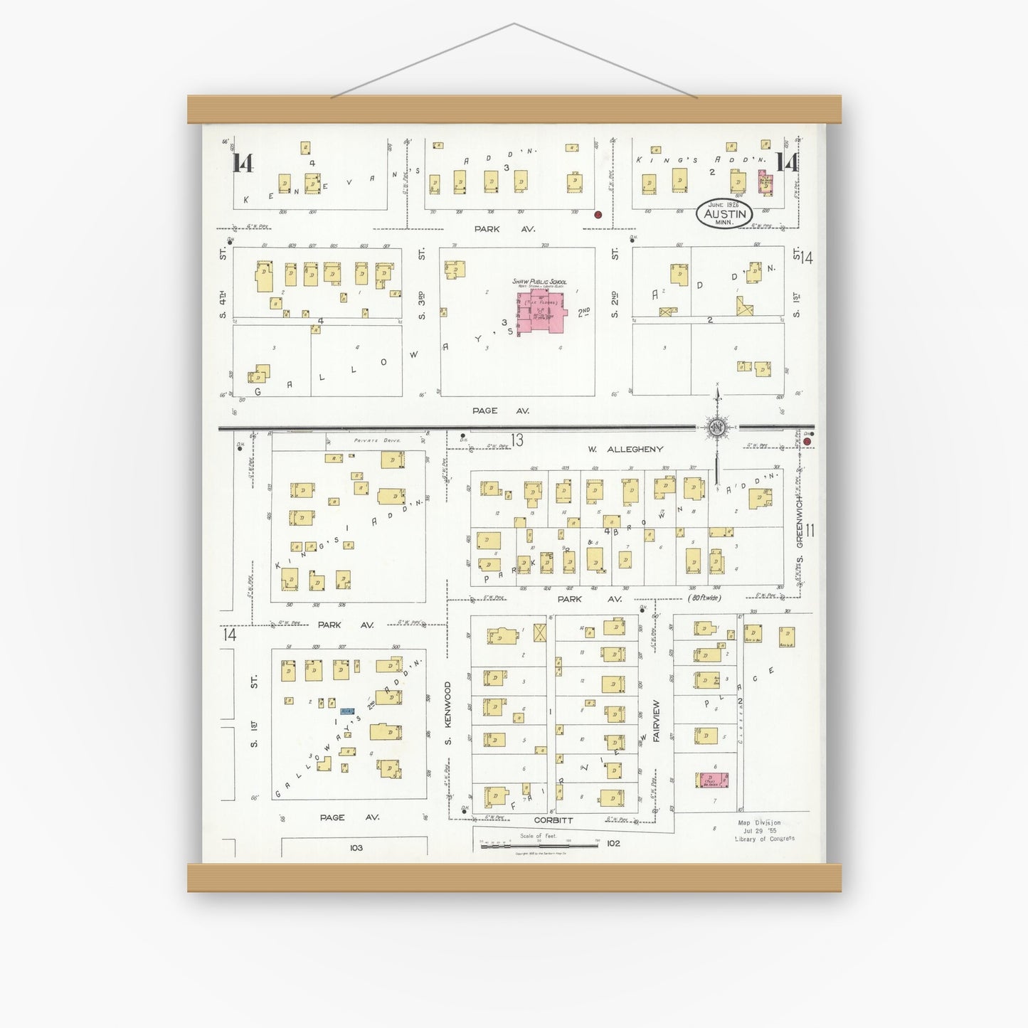 Old map wall art mockup — magnetic wood frame on white wall — Sanborn Fire Insurance Map from Austin, Mower County, Minnesota (1926), Sheet #0014