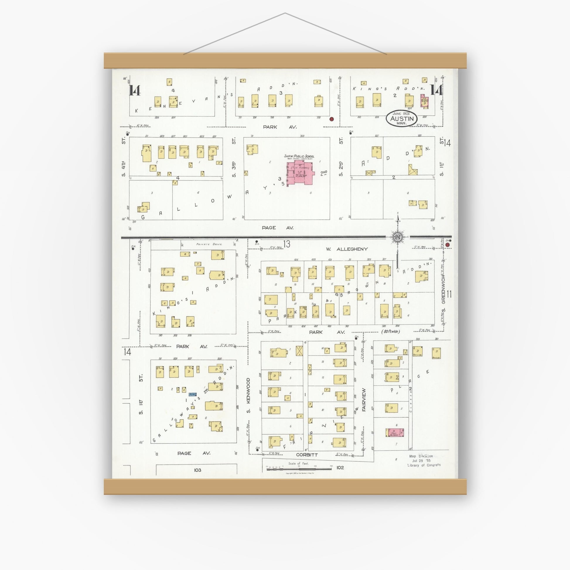 Old map wall art mockup — magnetic wood frame on white wall — Sanborn Fire Insurance Map from Austin, Mower County, Minnesota (1926), Sheet #0014
