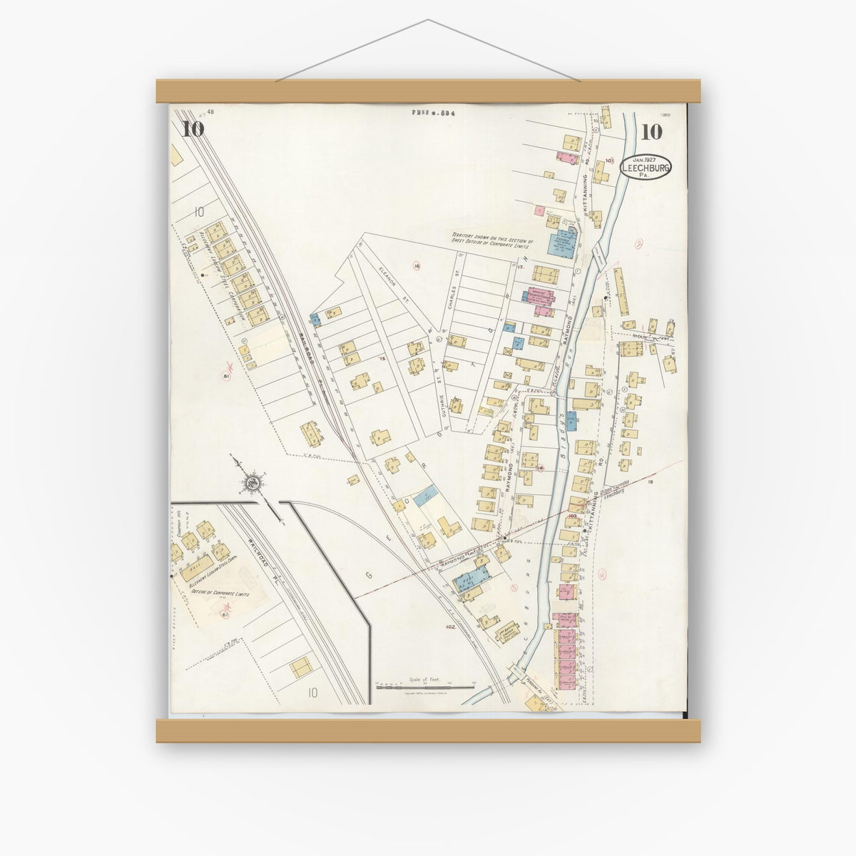 Old map wall art mockup — magnetic wood frame on white wall — Sanborn Fire Insurance Map from Leechburg, Armstrong County, Pennsylvania (1943), Sheet #0010