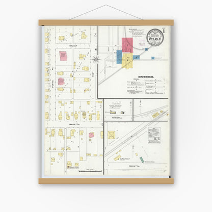 Old map wall art mockup — magnetic wood frame on white wall — Sanborn Fire Insurance Map from Bremen, Fairfield County, Ohio (1909) - Complete Map Set