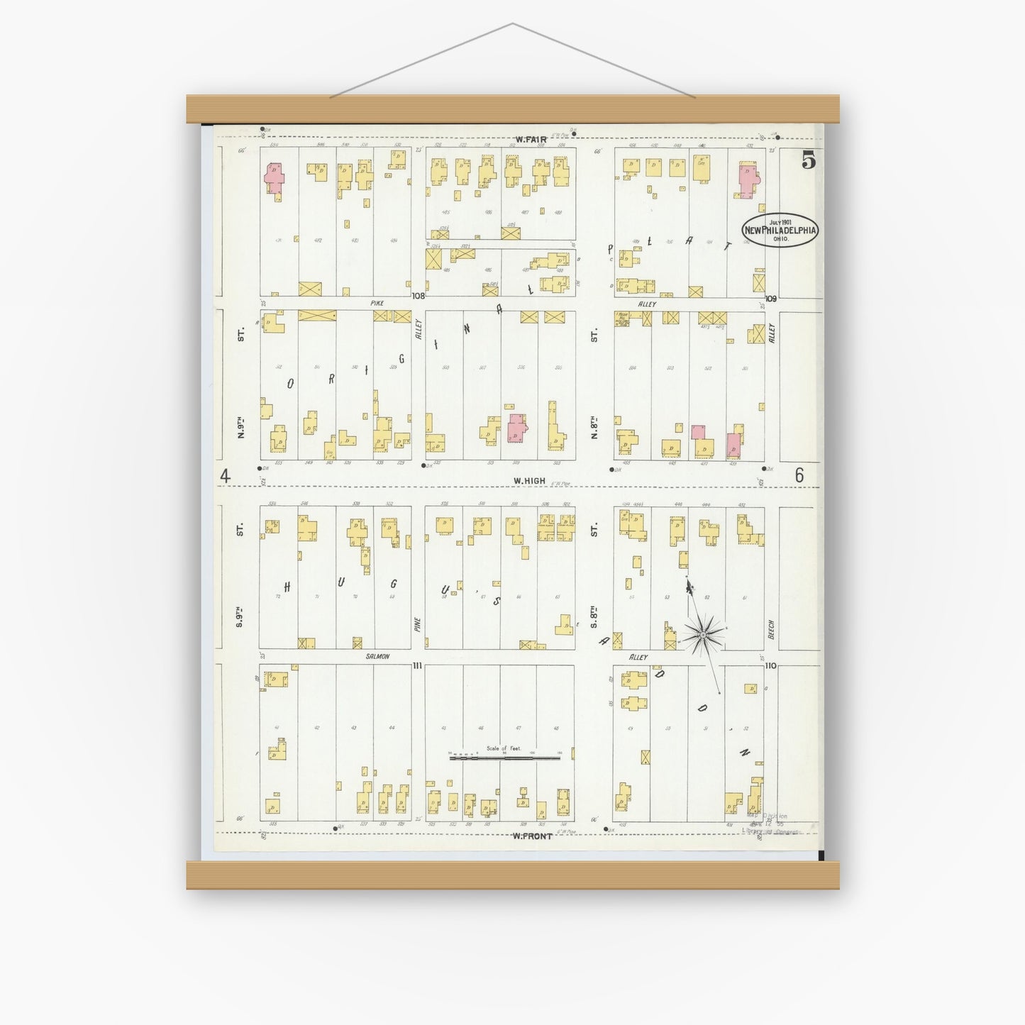 Old map wall art mockup — magnetic wood frame on white wall — Sanborn Fire Insurance Map from New Philadelphia, Tuscarawas County, Ohio (1901), Sheet #0005
