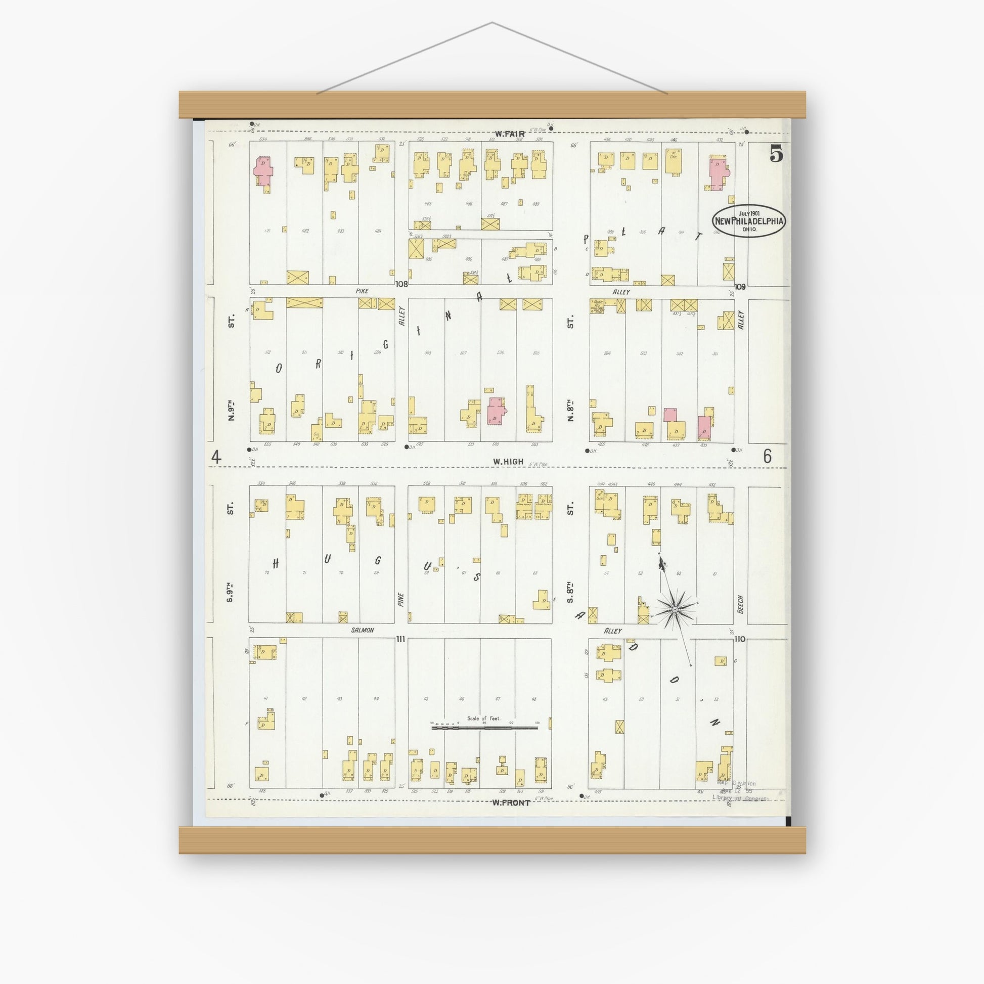 Old map wall art mockup — magnetic wood frame on white wall — Sanborn Fire Insurance Map from New Philadelphia, Tuscarawas County, Ohio (1901), Sheet #0005