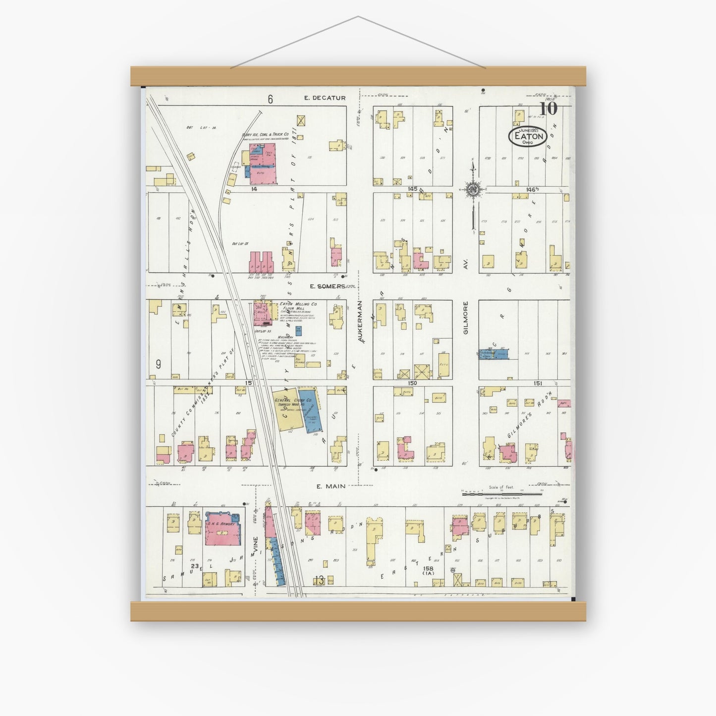 Old map wall art mockup — magnetic wood frame on white wall — Sanborn Fire Insurance Map from Eaton, Preble County, Ohio (1921), Sheet #0010