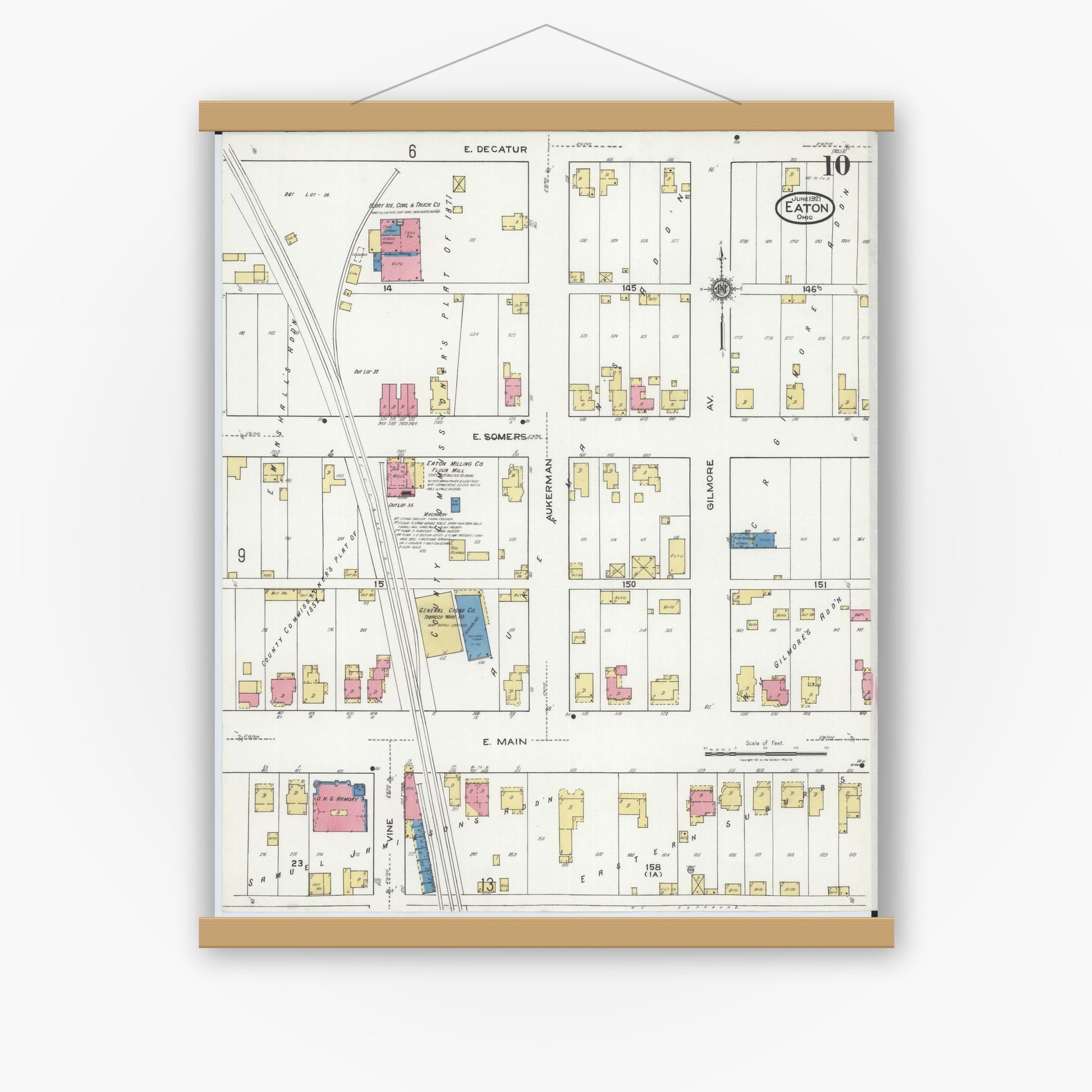 Old map wall art mockup — magnetic wood frame on white wall — Sanborn Fire Insurance Map from Eaton, Preble County, Ohio (1921), Sheet #0010