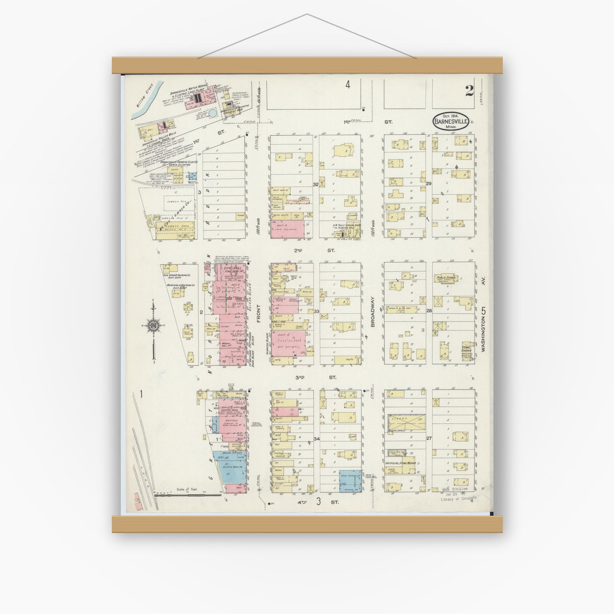 Old map wall art mockup — magnetic wood frame on white wall — Sanborn Fire Insurance Map from Barnesville, Clay County, Minnesota (1914), Sheet #0002