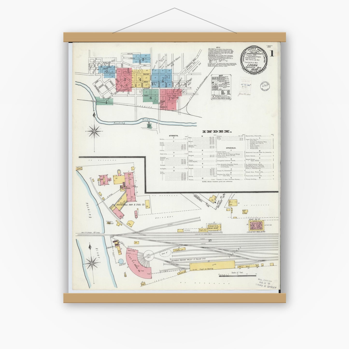 Old map wall art mockup — magnetic wood frame on white wall — Sanborn Fire Insurance Map from Logan, Hocking County, Ohio (1900) - Complete Map Set