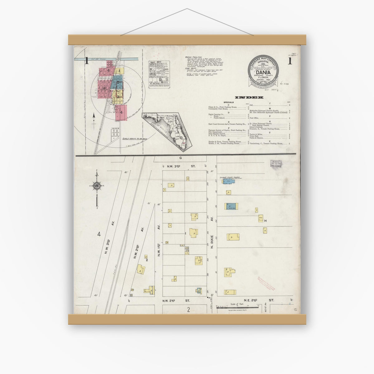 Old map wall art mockup — magnetic wood frame on white wall — Sanborn Fire Insurance Map from Dania, Broward County, Florida (1924) - Complete Map Set