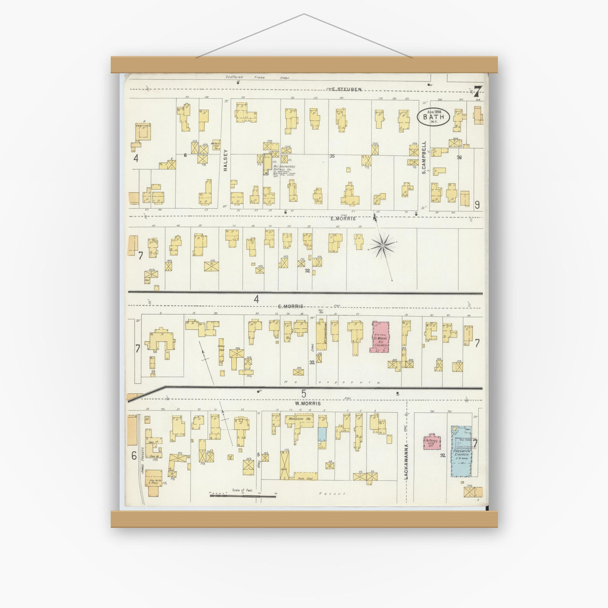 Old map wall art mockup — magnetic wood frame on white wall — Sanborn Fire Insurance Map from Bath, Steuben County, New York (1898), Sheet #0007