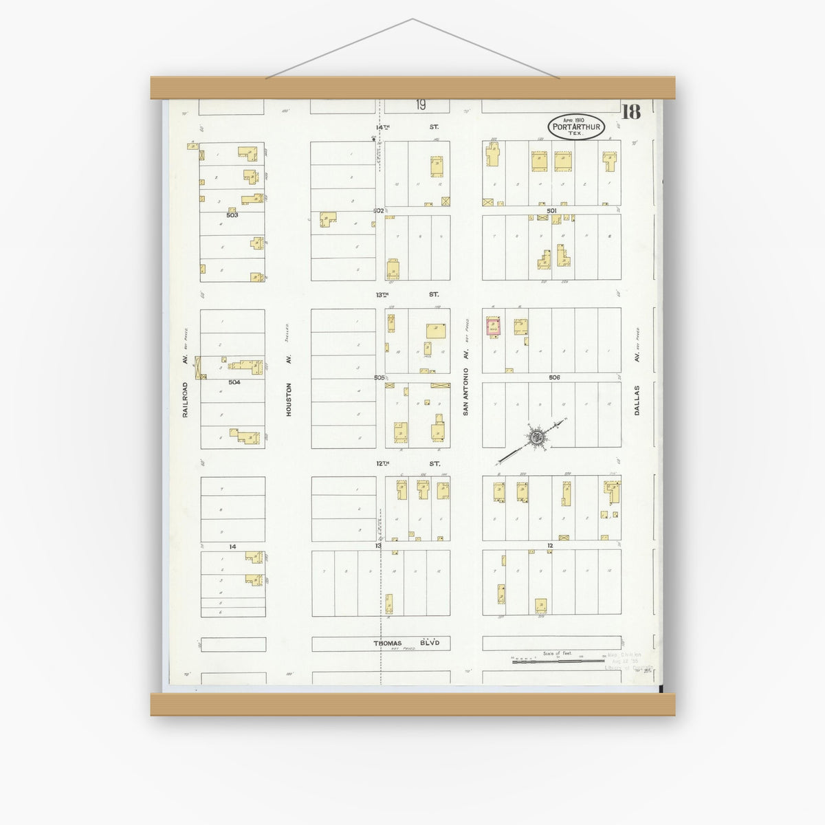 Old map wall art mockup — magnetic wood frame on white wall — Sanborn Fire Insurance Map from Port Arthur, Jefferson County, Texas (1910), Sheet #0018