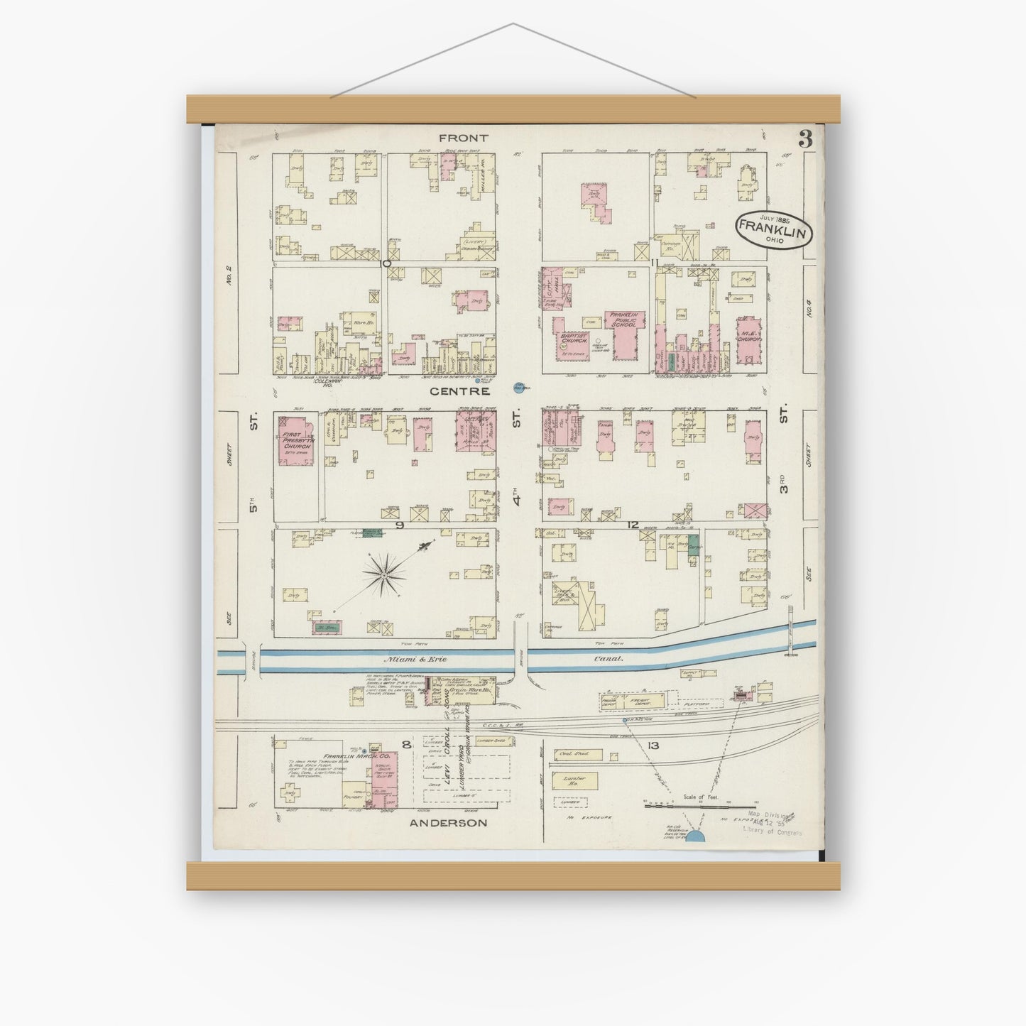 Old map wall art mockup — magnetic wood frame on white wall — Sanborn Fire Insurance Map from Franklin, Warren County, Ohio (1885), Sheet #0003