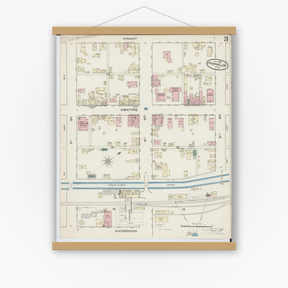 Old map wall art mockup — magnetic wood frame on white wall — Sanborn Fire Insurance Map from Franklin, Warren County, Ohio (1885), Sheet #0003