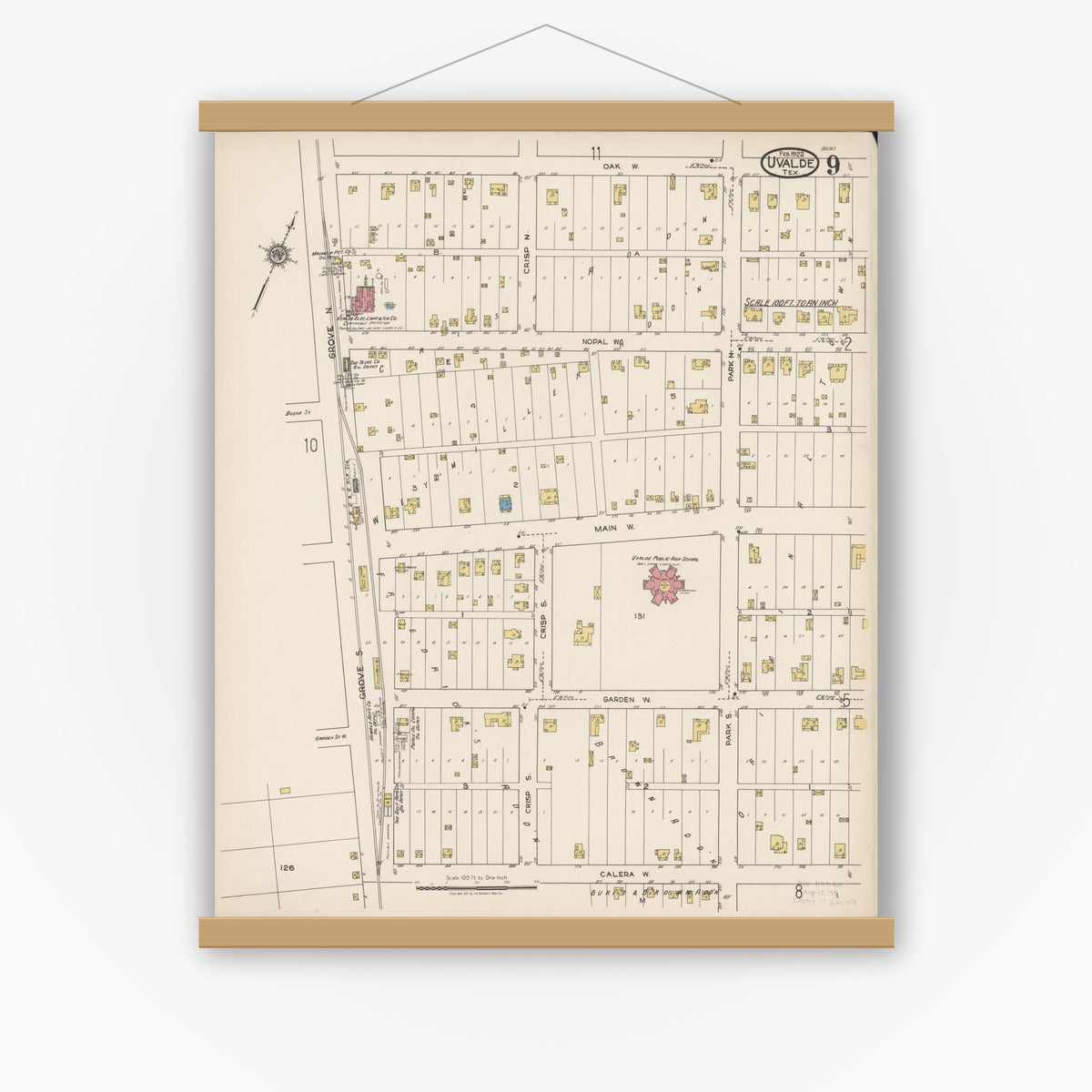 Old map wall art mockup — magnetic wood frame on white wall — Sanborn Fire Insurance Map from Uvalde, Uvalde County, Texas (1922), Sheet #0009