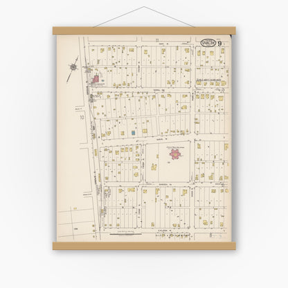 Old map wall art mockup — magnetic wood frame on white wall — Sanborn Fire Insurance Map from Uvalde, Uvalde County, Texas (1922), Sheet #0009