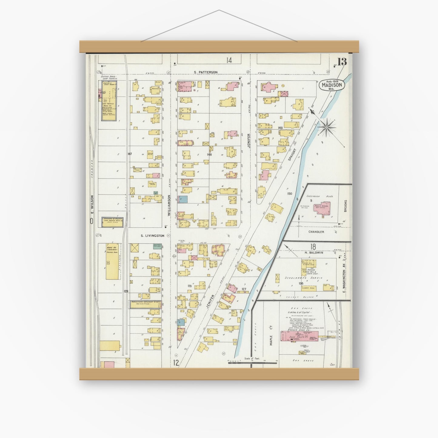 Old map wall art mockup — magnetic wood frame on white wall — Sanborn Fire Insurance Map from Madison, Dane County, Wisconsin (1902), Sheet #0013