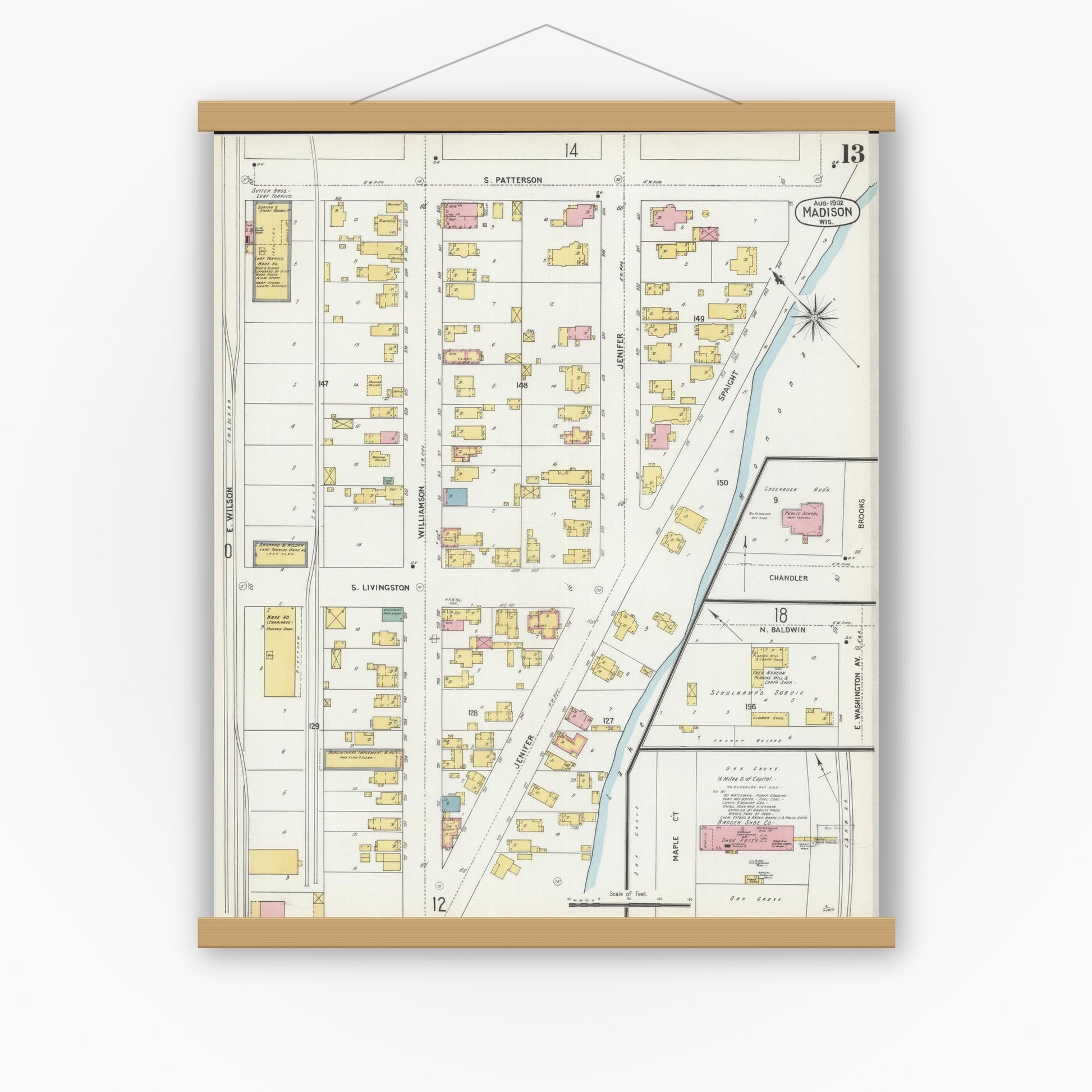 Old map wall art mockup — magnetic wood frame on white wall — Sanborn Fire Insurance Map from Madison, Dane County, Wisconsin (1902), Sheet #0013