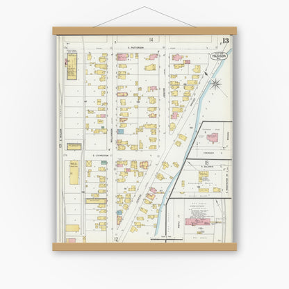 Old map wall art mockup — magnetic wood frame on white wall — Sanborn Fire Insurance Map from Madison, Dane County, Wisconsin (1902), Sheet #0013