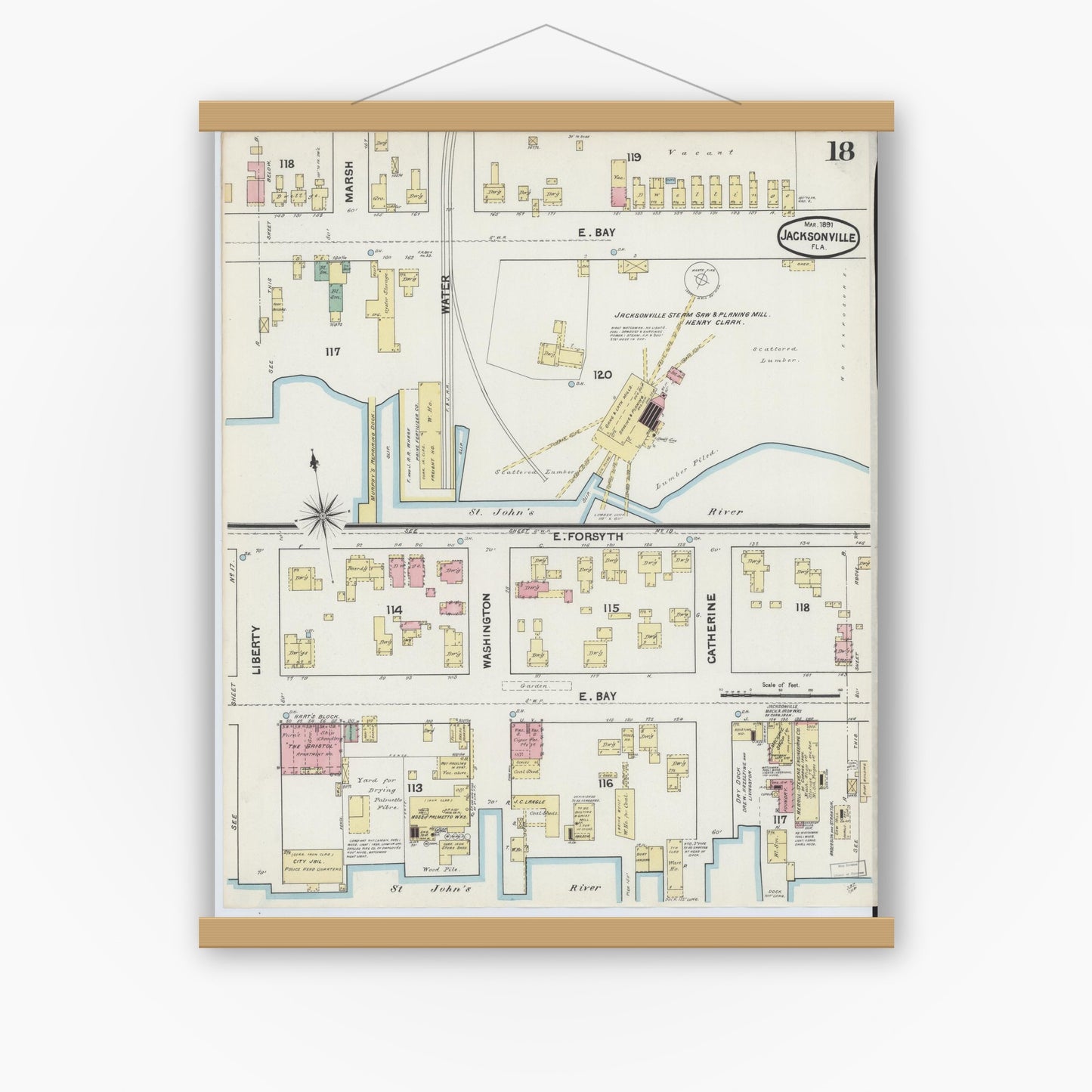 Old map wall art mockup — magnetic wood frame on white wall — Sanborn Fire Insurance Map from Jacksonville, Duval County, Florida (1891), Sheet #0018