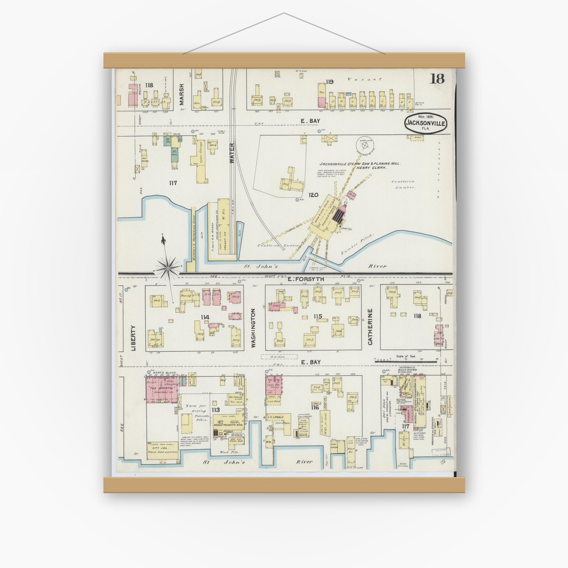 Old map wall art mockup — magnetic wood frame on white wall — Sanborn Fire Insurance Map from Jacksonville, Duval County, Florida (1891), Sheet #0018