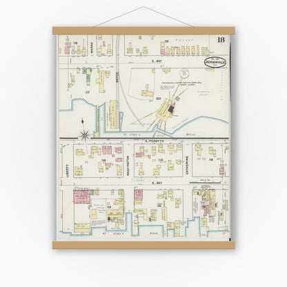 Old map wall art mockup — magnetic wood frame on white wall — Sanborn Fire Insurance Map from Jacksonville, Duval County, Florida (1891), Sheet #0018