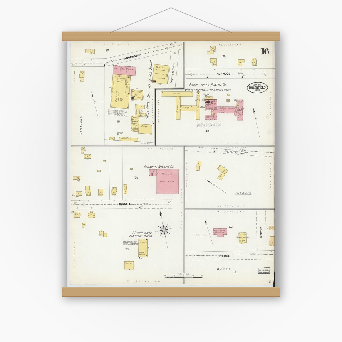 Old map wall art mockup — magnetic wood frame on white wall — Sanborn Fire Insurance Map from Greenfield, Franklin County, Massachusetts (1902), Sheet #0015