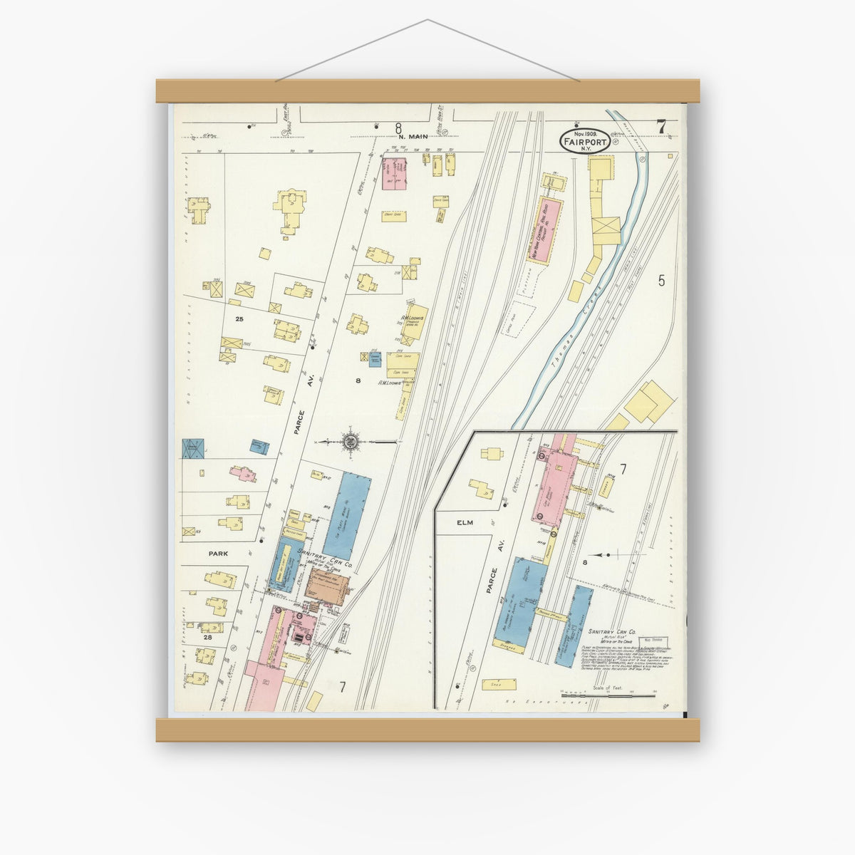 Old map wall art mockup — magnetic wood frame on white wall — Sanborn Fire Insurance Map from Fairport, Monroe County, New York (1909), Sheet #0007