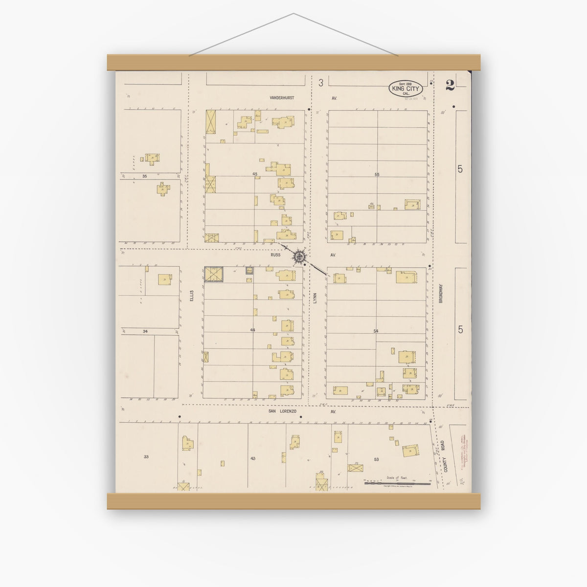 Old map wall art mockup — magnetic wood frame on white wall — Sanborn Fire Insurance Map from King City, Monterey County, California (1919), Sheet #0002