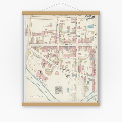 Old map wall art mockup — magnetic wood frame on white wall — Sanborn Fire Insurance Map from Chester, Delaware County, Pennsylvania (1885), Sheet #0009